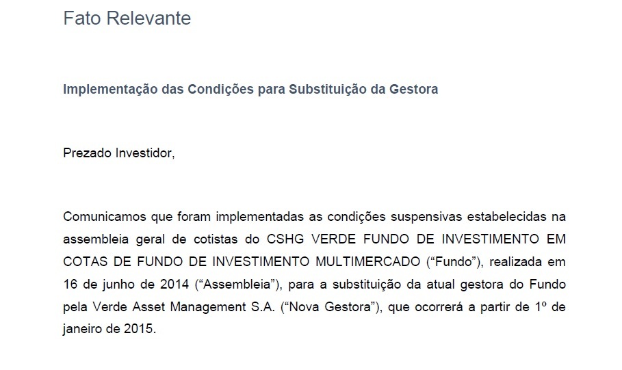 Fato Relevante para Fundos de Investimento